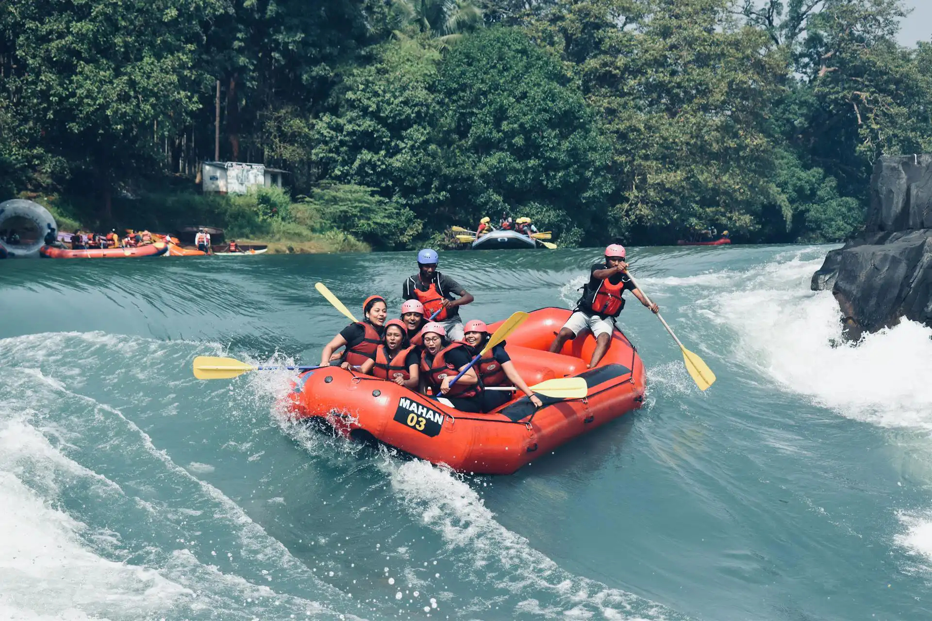 White water rafting on the Kelani river during island-wide day tours Sri Lanka.