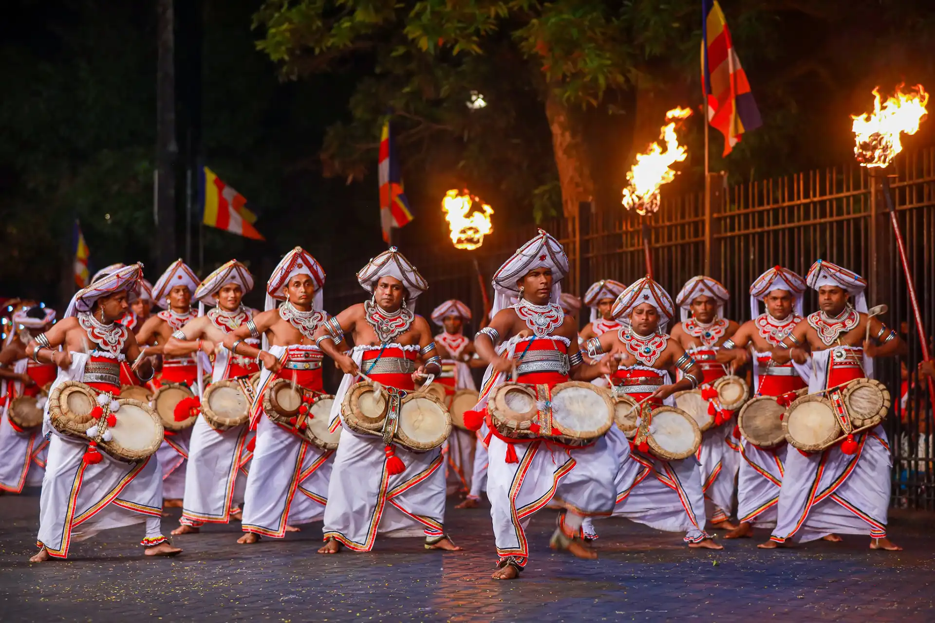 Traditional Kandyan drummers performing during the Kandy Esala Perahera 2026 dates
